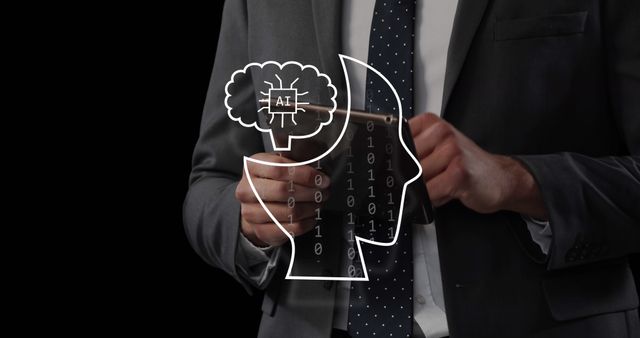 Businessman standing in dark background interacting with tablet. Digital brain icon with AI label representing artificial intelligence and binary code overlay suggesting modern technology. Useful for content about AI in business, digital innovation, tech industry trends, professional settings, and corporate presentations.