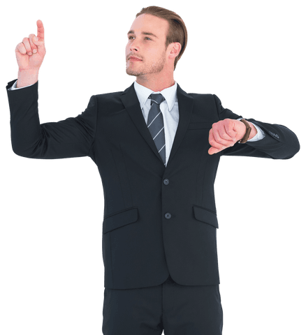 Cheerful Businessman in Black Suit Pointing Up Transparent Background - Download Free Stock Videos Pikwizard.com