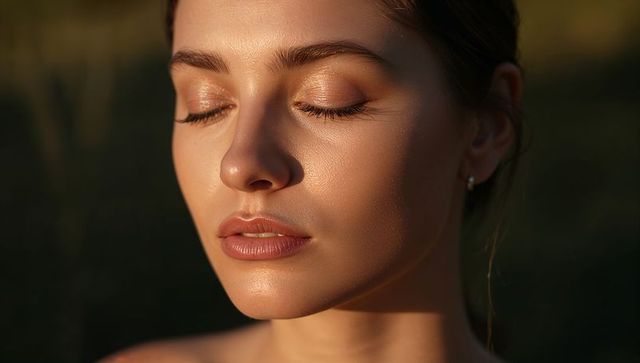 Young woman closing eyes basking in warm golden hour glow closeup portrait glowing skin