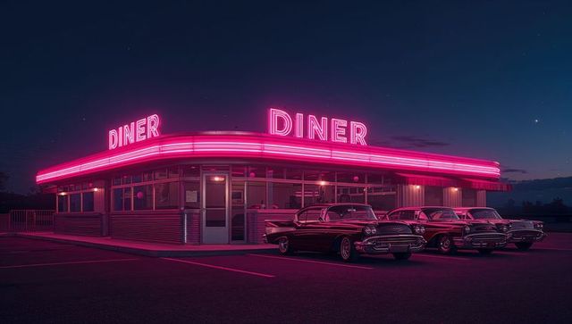 Neon pink diner nighttime with classic cars, retro americana roadside diner ambience