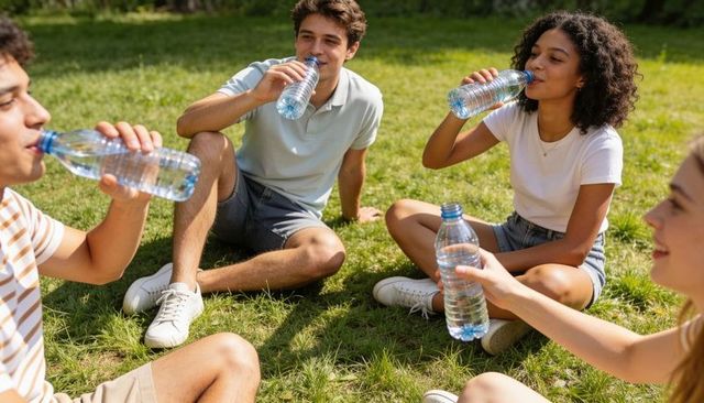 Group of young friends sitting on park grass relaxing and drinking bottled water in sunlight