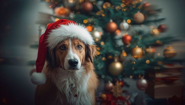 Festive dog with santa hat near christmas tree
