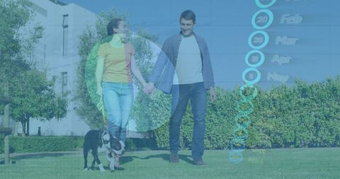 Couple walking dog with financial data overlay