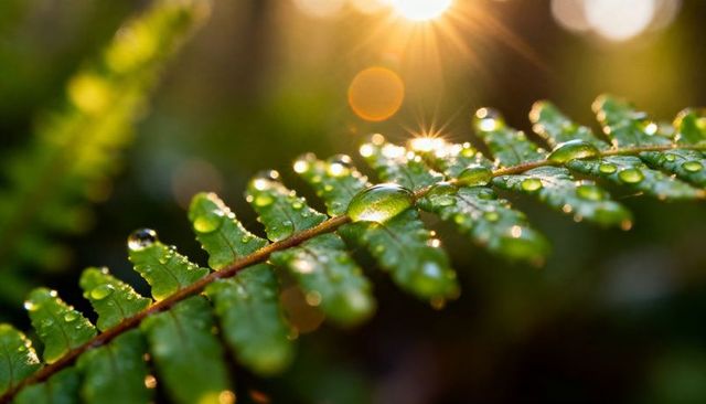 Dew-laden fern frond capturing morning sunflare and macro water droplet reflection