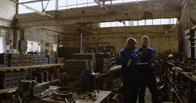 Two middle-aged men, one African American and one Caucasian, are discussing work in an industrial setting, with copy space. They appear to be colleagues or a worker and supervisor engaged in a conversation, about the manufacturing process or equipment maintenance.