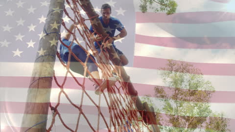Diverse Team Overcomes Obstacle Course with American Spirit