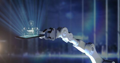 Futuristic Robotic Arm with Tablet Displaying Digital Interface - Download Free Stock Images Pikwizard.com
