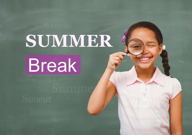 Young girl smiling and holding a magnifying glass in front of a chalkboard with 'Summer Break' text. Ideal for educational materials, school advertisements, summer camp promotions, and children's activity guides.