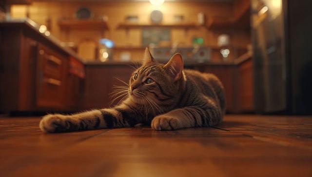Tabby cat stretching in cozy kitchen with warm lighting