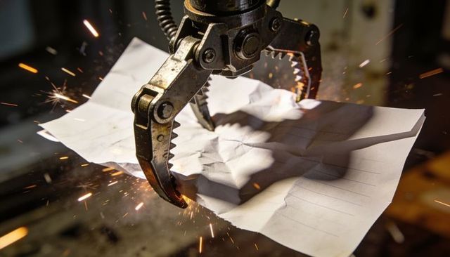 Serrated robotic gripper crushing lined paper, sparks flying, metal clamp in workshop