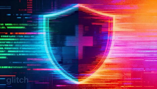 Neon Glitch Shield with Plus Sign Representing Cybersecurity and Data Protection