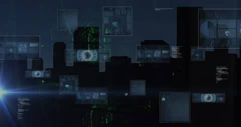Futuristic Digital Interface with Data Processing Over Cityscape