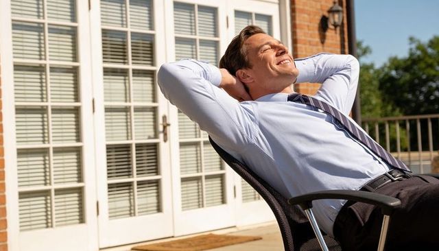 Businessman relaxing on sunny terrace reclining in office chair with hands behind head