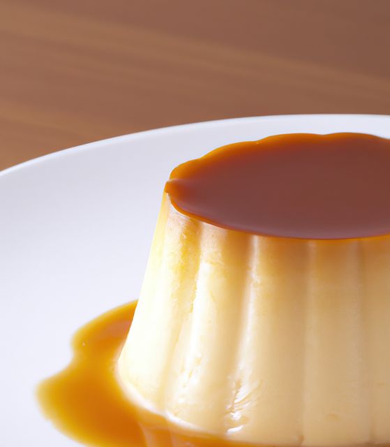 Close up of flan on white plate created using generative ai technology. Baking, food and cake concept, digitally generated image.