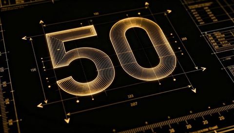 Glowing golden 50 blueprint hud with layered line rings, measurement grid and ruler