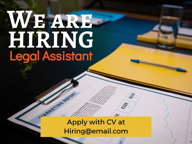 This image is perfect for companies seeking to hire a legal assistant. It features a professional layout, with documents and office supplies suggesting an office setting. Ideal for use on job boards, company websites, and social media platforms to attract qualified applicants.