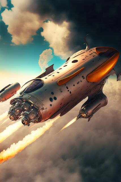 Futuristic rocketship traveling through clouds in outer space, showcasing advanced aerospace technology. Ideal for themes related to science fiction, space exploration, technology advancements, and futuristic designs. Useful for articles about space travel, sci-fi movies or games, hi-tech innovations, and aerospace engineering.