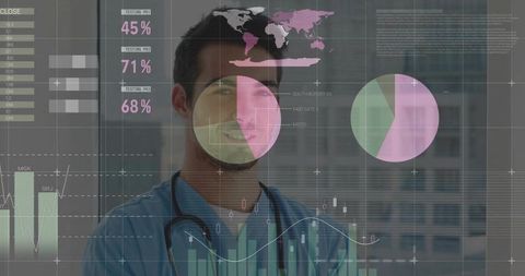 Doctor viewing augmented reality medical analytics dashboard over cityscape
