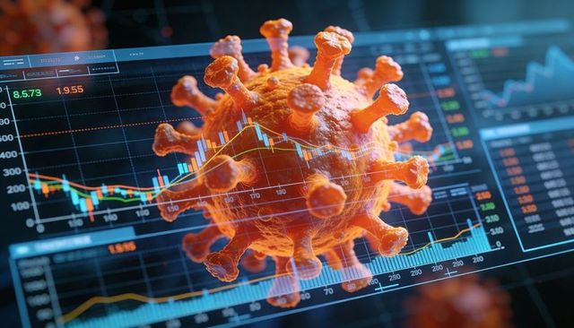 3d coronavirus model overlaying financial market data with candlestick charts and trend lines