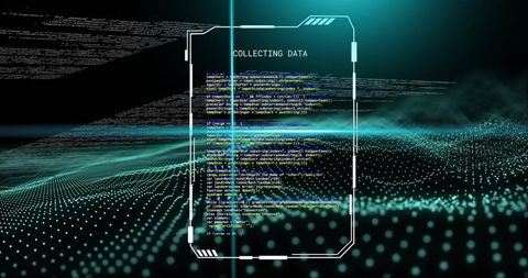 Collecting data hud displaying code over teal particle grid, holographic cyber dashboard