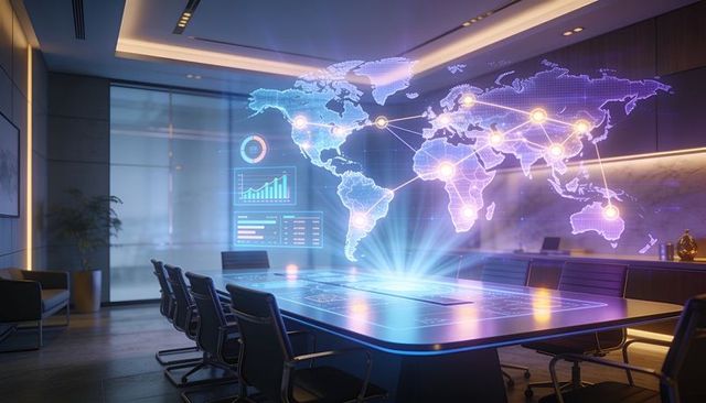 Boardroom projecting holographic world map with global data nodes and interactive table