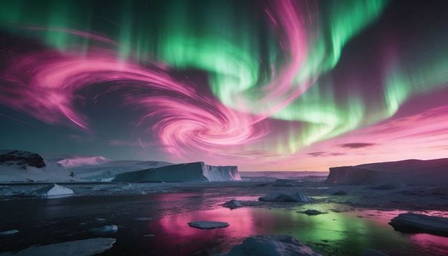 Magenta Spiral Aurora Over Frozen Fjord With Ice Cliffs and Reflective Arctic Waters