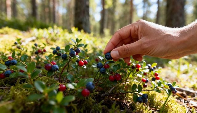 Hand picking wild blueberries on sunlit forest floor foraging harvesting outdoors