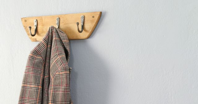 Plaid Jacket Hanging on Wooden Wall Hook - Download Free Stock Images Pikwizard.com