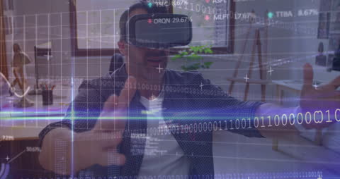 Man Engaging with Virtual Reality and Digital Data Visualization