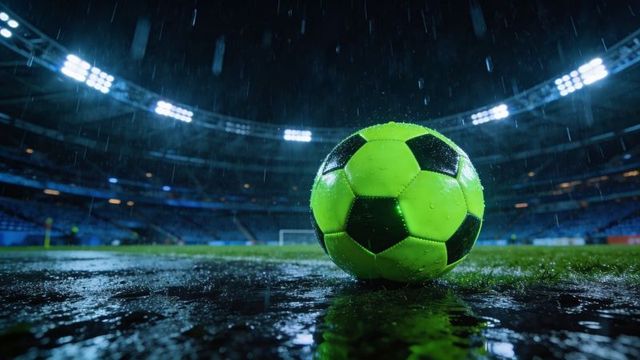 Neon green soccer ball glowing on rain-soaked stadium turf under floodlights at night