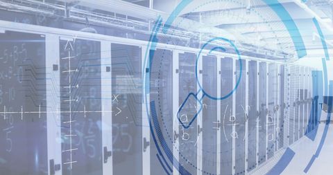 Digital Composite of Magnifying Glass and Math Overlays in Tech Data Center - Download Free Stock Images Pikwizard.com