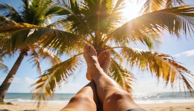 Relaxing on tropical beach with sunlit palm fronds, crossed legs and ocean horizon