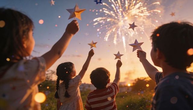 Children raising star wands watching fireworks at sunset celebrating together in twilight