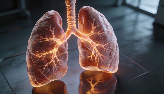 Translucent lungs with glowing bronchial tree and trachea over reflective lab tiles