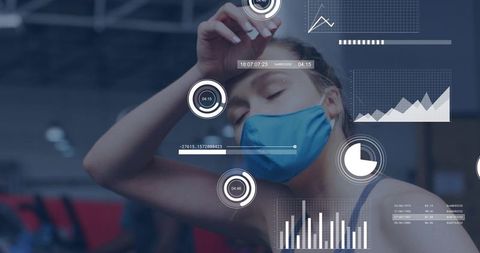 Woman Wearing Face Mask Cooling Down After Gym Workout with Fitness Data HUD Overlay