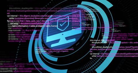 Blue cybersecurity hud emblem with laptop checkmark, neon digital dashboard visualization