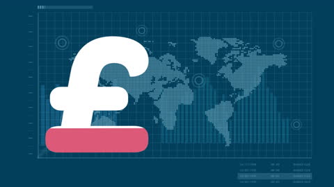 British Pound Symbol over World Map with Financial Data Overlay