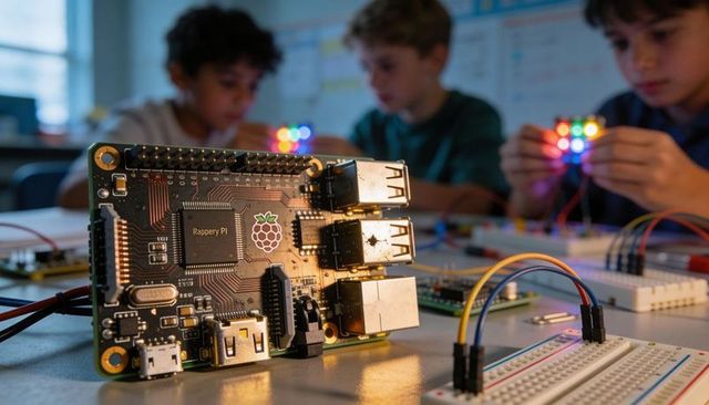 Students building led circuits with raspberry pi for hands-on stem learning in makerspace