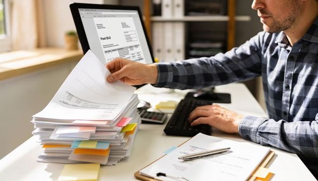 Accountant reviewing invoices at cluttered workstation with tall paper stack and monitor