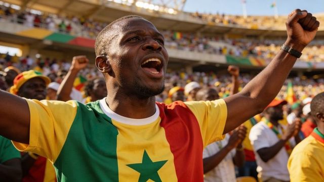 Energetic football fan cheering, raising fists in stadium wearing tricolor star jersey