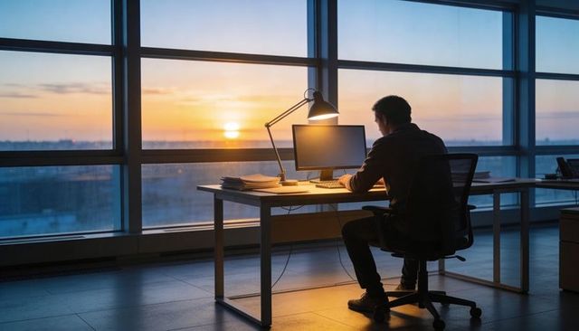 Businessman working late at desk with sunset city skyline through floor-to-ceiling windows