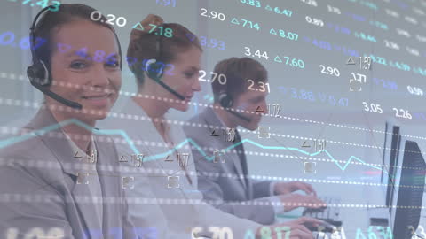 Business Team Analyzing Financial Data with Headsets On