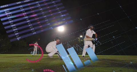 Cricket batter analyzing performance with augmented reality HUD and analytics at night