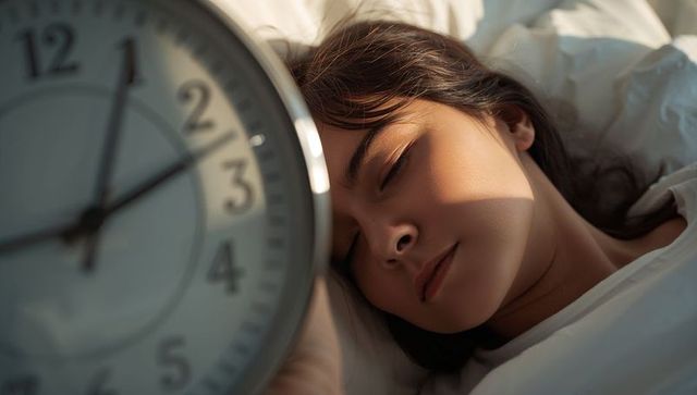 Adult woman waking to alarm clock in sunlit bedroom closeup portrait of soft morning calm