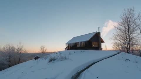 Drone Approaching Snowy Cabin at Sunrise, Chimney Emitting Smoke and Warm Window Glow