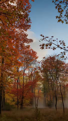 Tilting Up Through Autumn Forest at Dawn Revealing Mist and Golden Light