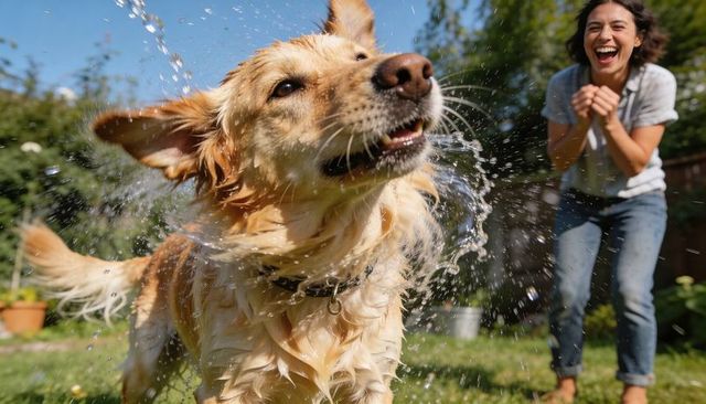Golden retriever shaking off water, owner laughing in sunlit backyard splash
