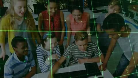 Students Collaborating on Digital Classroom Project with Grid Overlay