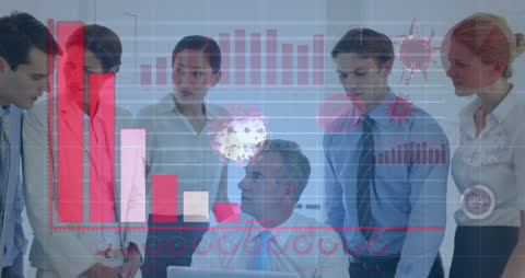 Business Team Analyzing COVID-19 Data with Digital Graphics
