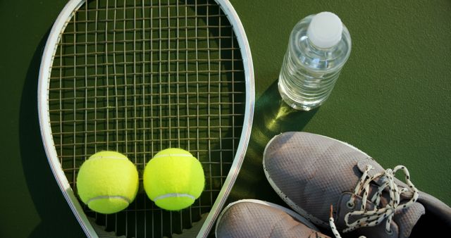 Close-up of water bottle, sports shoes and sports equipment in tennis court 